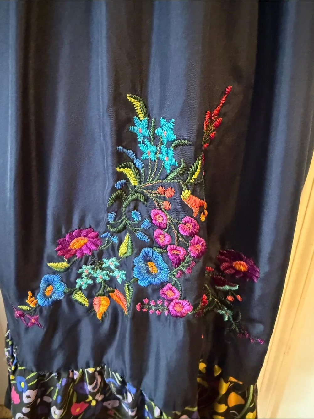 Anthropologie Navy Embroidered Midi Dress with Multicolor Floral Detail